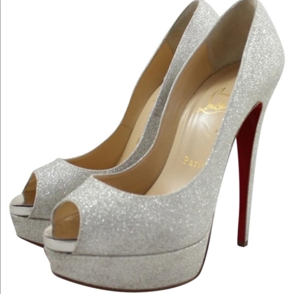 Christian Louboutin "Lady Peep" Silver Pumps.